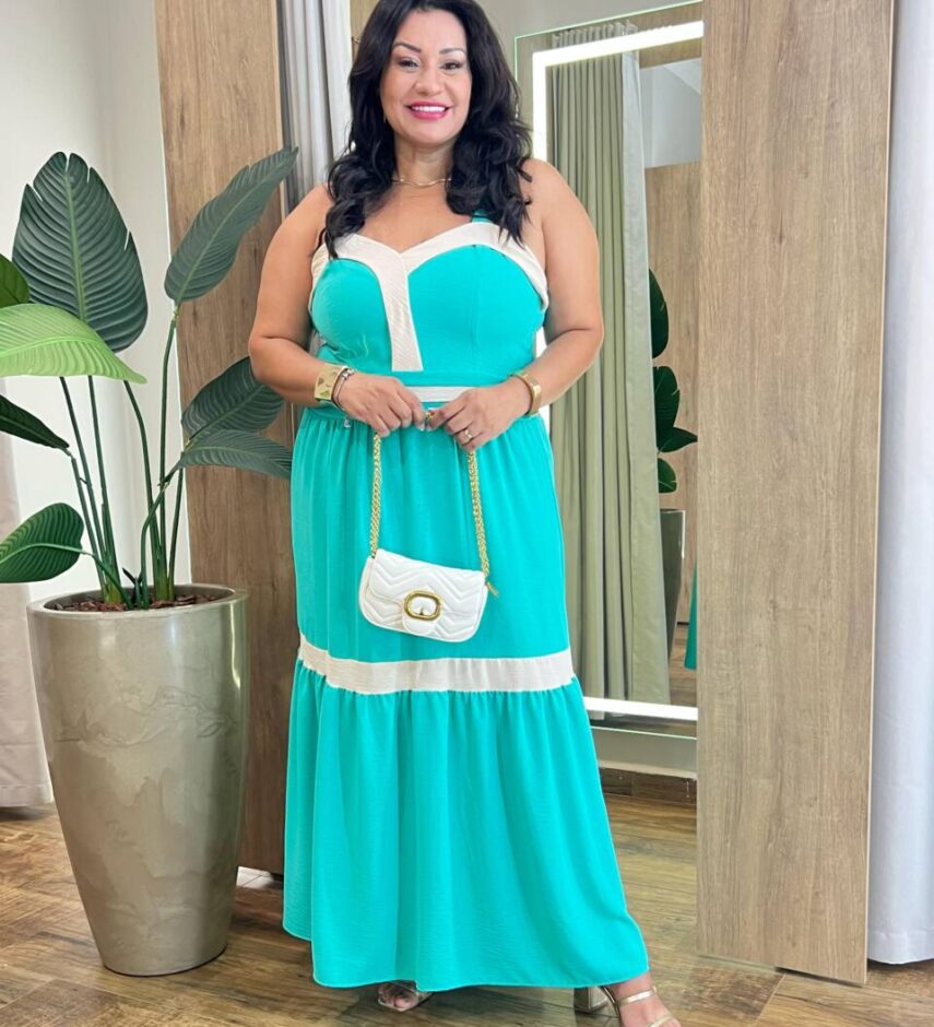 Vestido Longo sem Bojo Plus Lastex nas Costas Verde Água - Fernanda Ramos Store