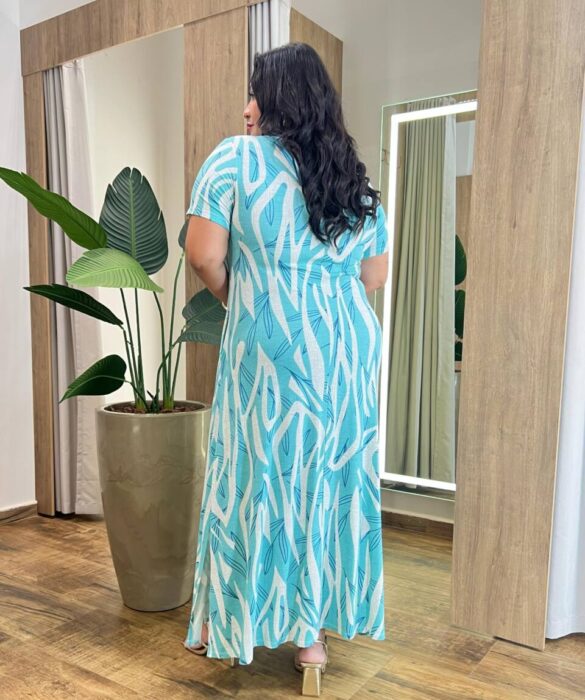 Vestido Longo sem Bojo Plus Malha Estampado Azul Piscina - Fernanda Ramos Store