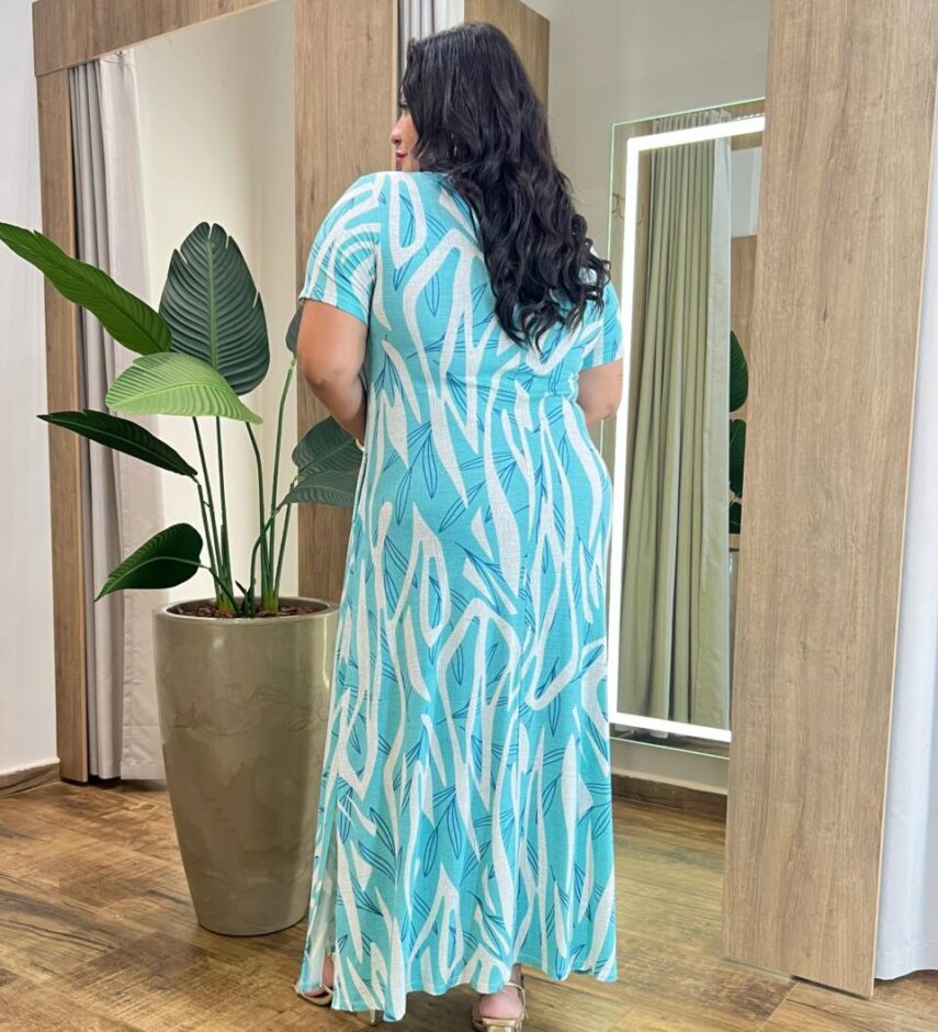 Vestido Longo sem Bojo Plus Malha Estampado Azul Piscina - Fernanda Ramos Store