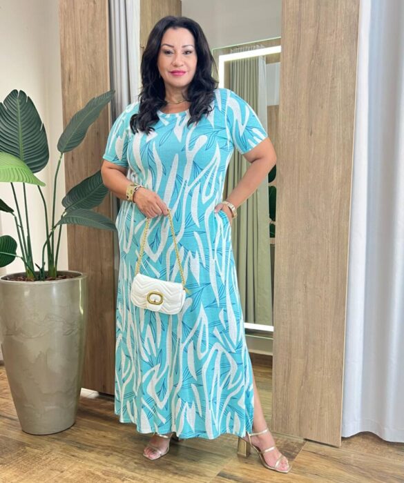 Vestido Longo sem Bojo Plus Malha Estampado Azul Piscina - Fernanda Ramos Store