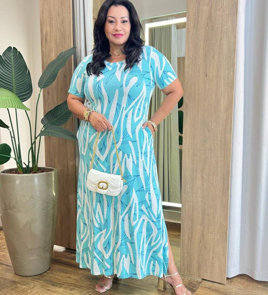 Vestido Longo sem Bojo Plus Malha Estampado Azul Piscina - Fernanda Ramos Store