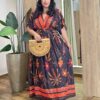 Vestido Longo sem Bojo Plus Manga 3/4 Estampa Flores Preto - Fernanda Ramos Store