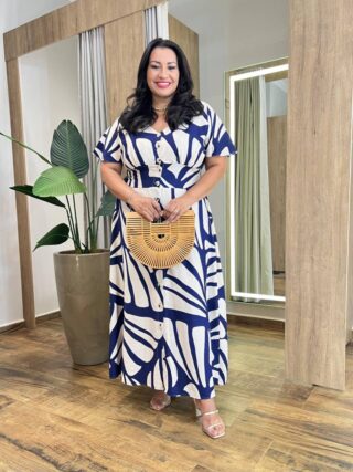 Vestido Longo sem Bojo Plus Manga Curta com Botões Estampado - Fernanda Ramos Store
