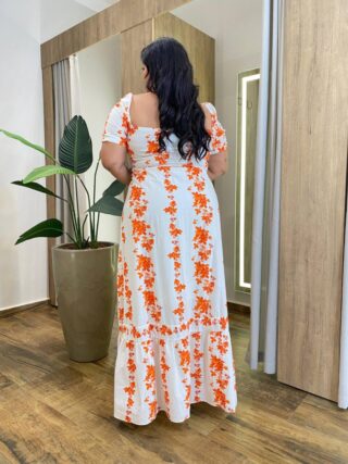 Vestido Longo sem Bojo Plus Manga Curta com Lastex Estampado Coral - Fernanda Ramos Store