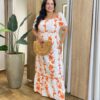 Vestido Longo sem Bojo Plus Manga Curta com Lastex Estampado Coral - Fernanda Ramos Store
