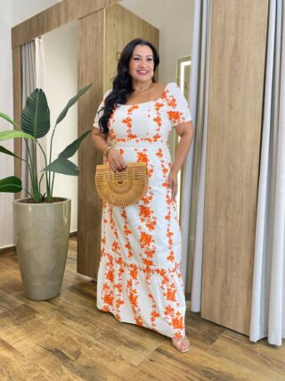 Vestido Longo sem Bojo Plus Manga Curta com Lastex Estampado Coral - Fernanda Ramos Store