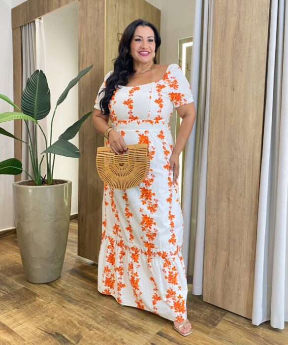 Vestido Longo sem Bojo Plus Manga Curta com Lastex Estampado Coral - Fernanda Ramos Store