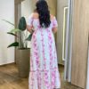 Vestido Longo sem Bojo Plus Manga Curta com Lastex Estampado Fúcsia - Fernanda Ramos Store