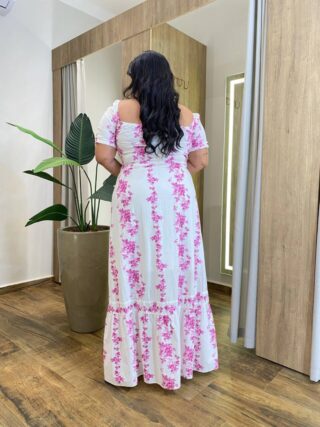 Vestido Longo sem Bojo Plus Manga Curta com Lastex Estampado Fúcsia - Fernanda Ramos Store