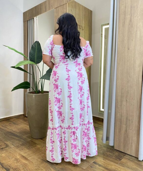 Vestido Longo sem Bojo Plus Manga Curta com Lastex Estampado Fúcsia - Fernanda Ramos Store