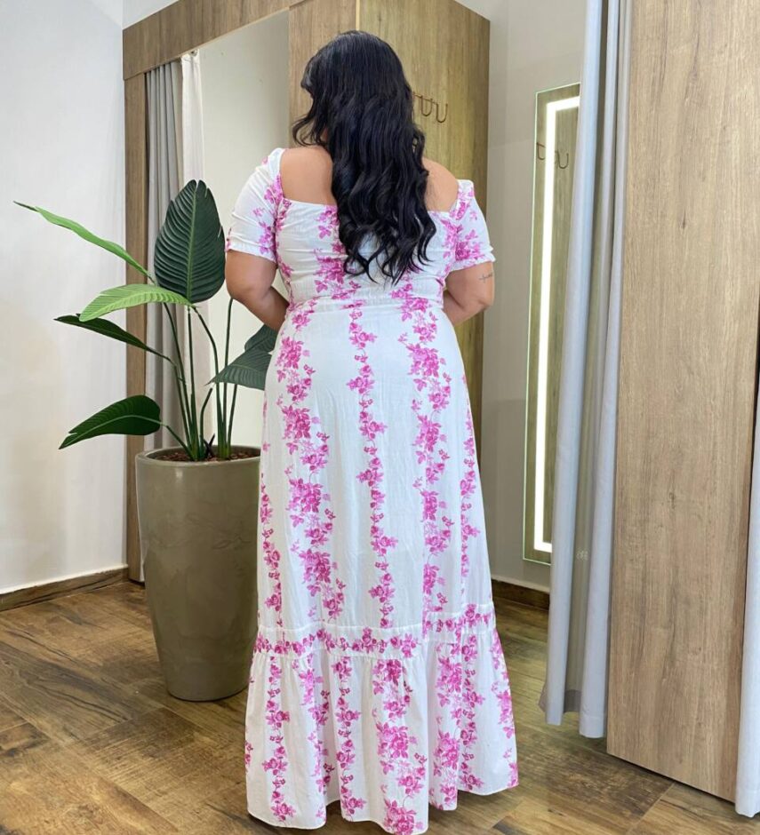 Vestido Longo sem Bojo Plus Manga Curta com Lastex Estampado Fúcsia - Fernanda Ramos Store