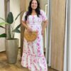 Vestido Longo sem Bojo Plus Manga Curta com Lastex Estampado Fúcsia - Fernanda Ramos Store