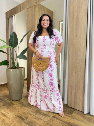 Vestido Longo sem Bojo Plus Manga Curta com Lastex Estampado Fúcsia - Fernanda Ramos Store