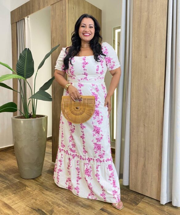Vestido Longo sem Bojo Plus Manga Curta com Lastex Estampado Fúcsia - Fernanda Ramos Store