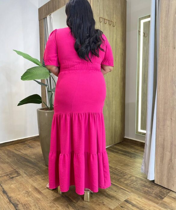 Vestido Longo sem Bojo Plus Manga Curta com Lastex Pink - Fernanda Ramos Store