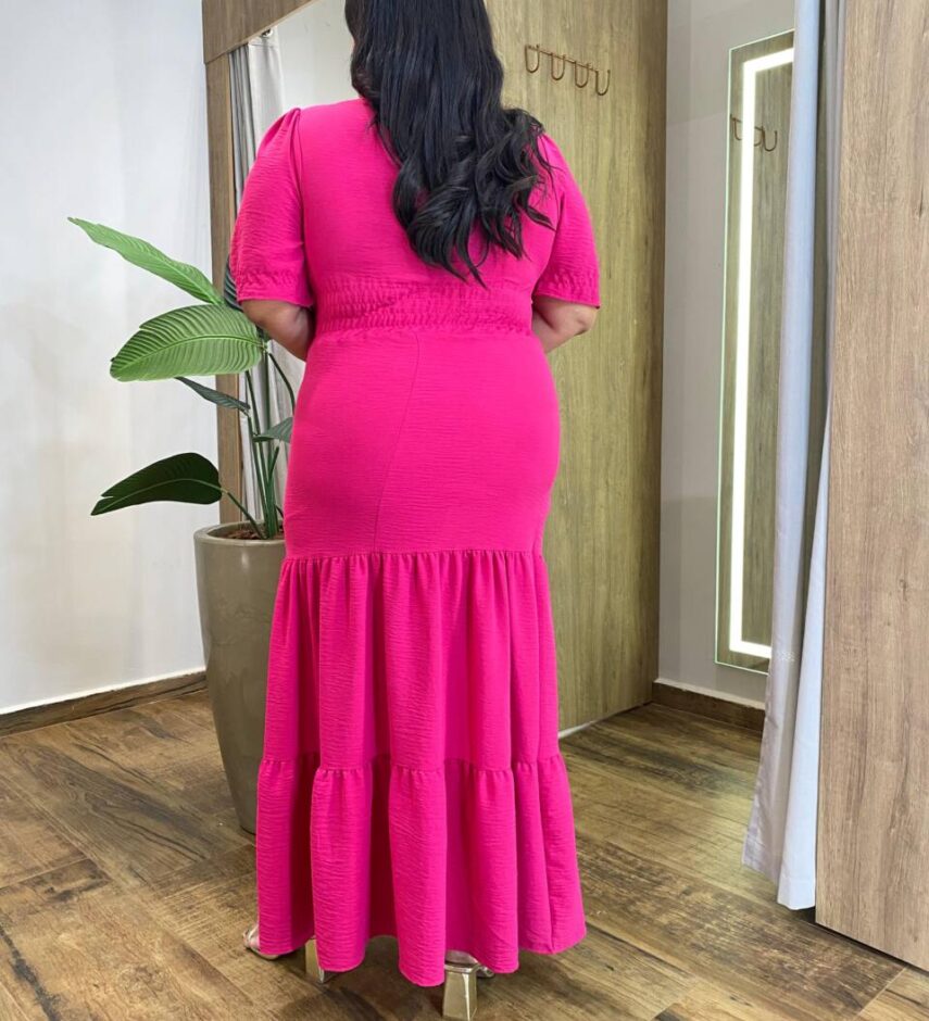 Vestido Longo sem Bojo Plus Manga Curta com Lastex Pink - Fernanda Ramos Store