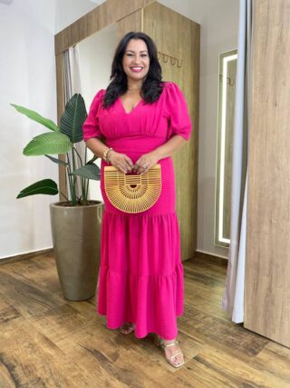 Vestido Longo sem Bojo Plus Manga Curta com Lastex Pink - Fernanda Ramos Store