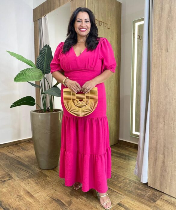Vestido Longo sem Bojo Plus Manga Curta com Lastex Pink - Fernanda Ramos Store