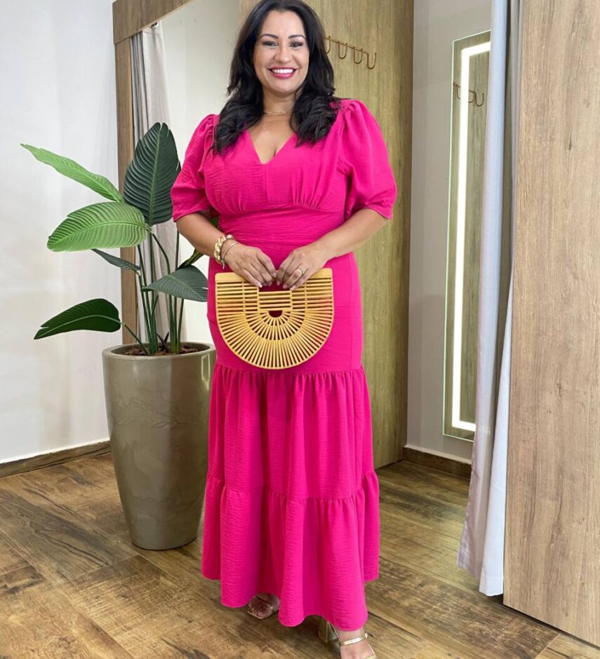 Vestido Longo sem Bojo Plus Manga Curta com Lastex Pink - Fernanda Ramos Store