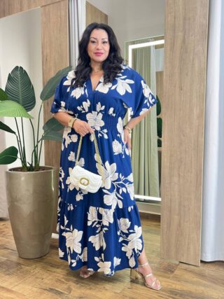 Vestido Longo sem Bojo Plus Manga Curta e Lastex Estampado - Fernanda Ramos Store