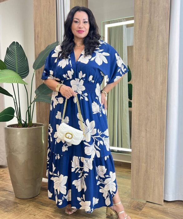 Vestido Longo sem Bojo Plus Manga Curta e Lastex Estampado - Fernanda Ramos Store