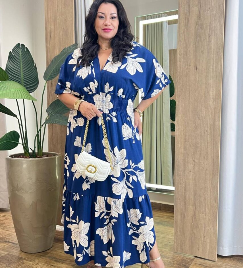 Vestido Longo sem Bojo Plus Manga Curta e Lastex Estampado - Fernanda Ramos Store