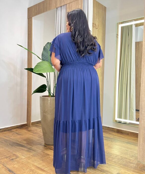 Vestido Longo sem Bojo Plus Tilia com Lastex em Tule Azul - Fernanda Ramos Store