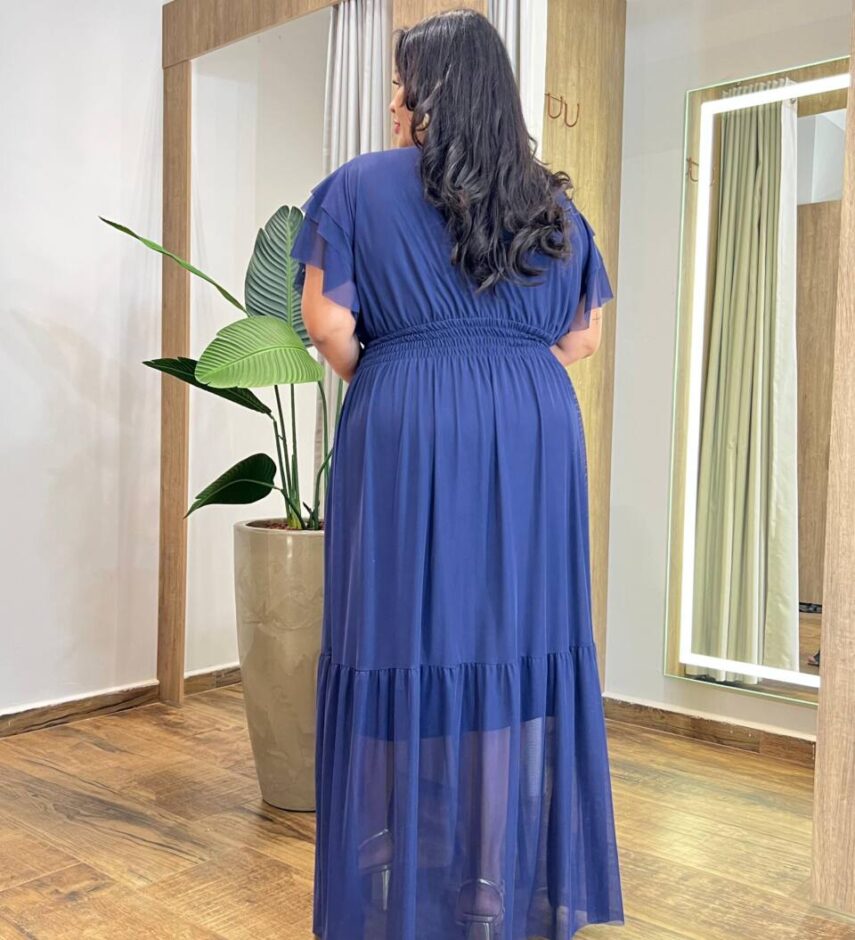 Vestido Longo sem Bojo Plus Tilia com Lastex em Tule Azul - Fernanda Ramos Store