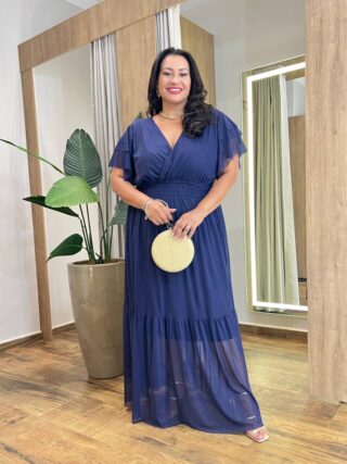Vestido Longo sem Bojo Plus Tilia com Lastex em Tule Azul - Fernanda Ramos Store