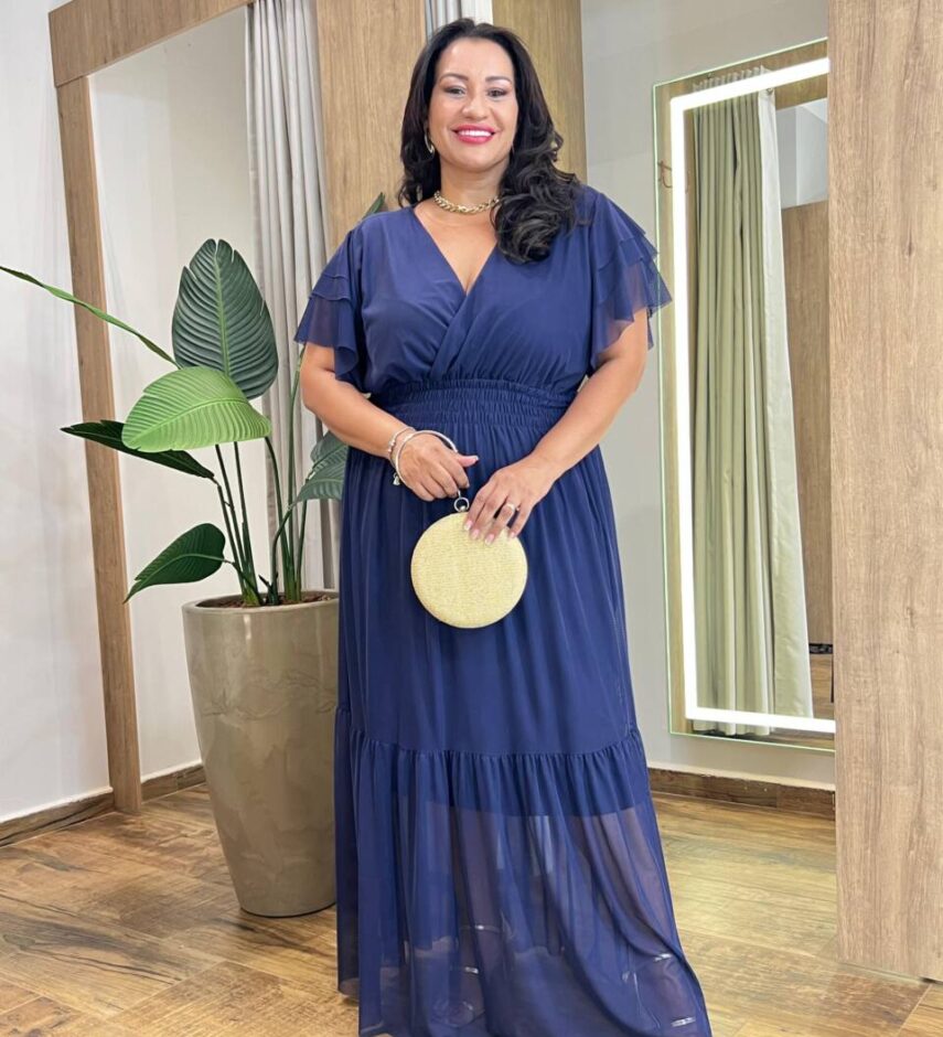 Vestido Longo sem Bojo Plus Tilia com Lastex em Tule Azul - Fernanda Ramos Store