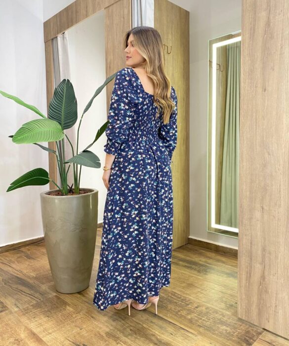 Vestido Manga Longo sem Bojo Floral Azul com Lastex no Punho - Fernanda Ramos Store