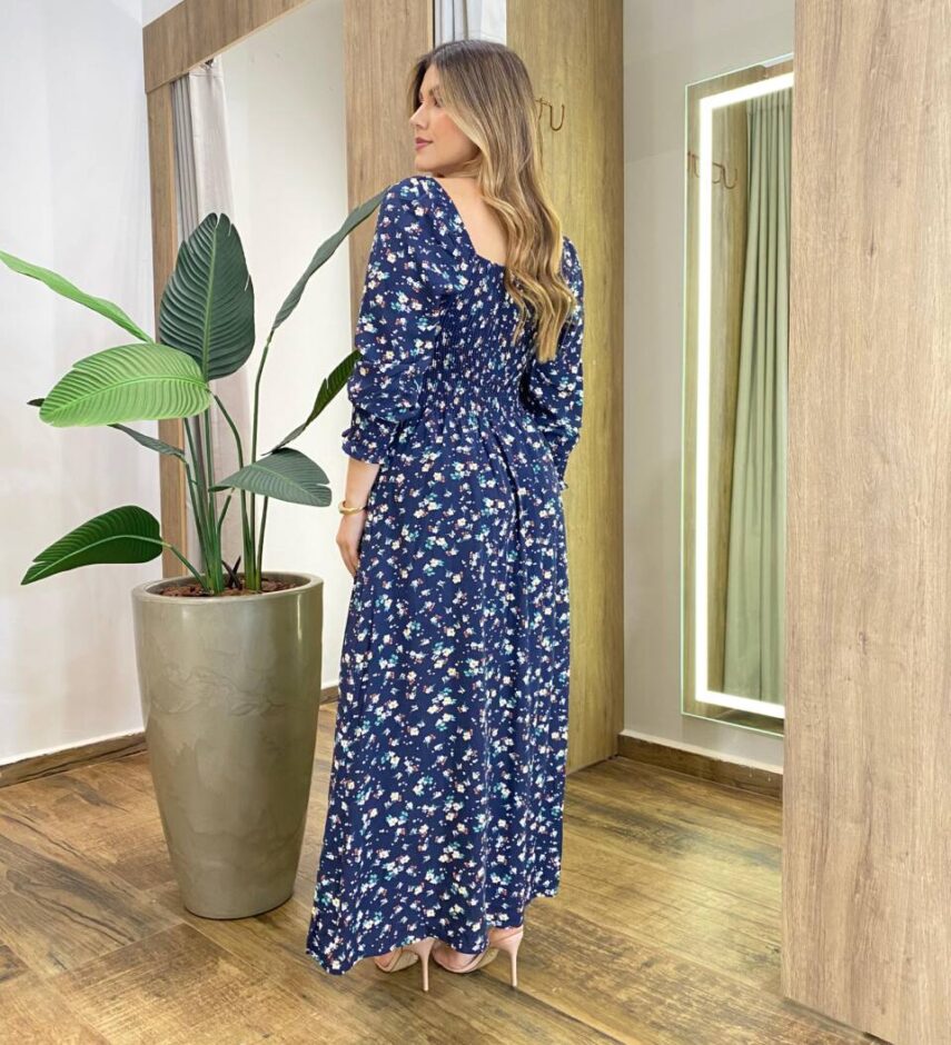 Vestido Manga Longo sem Bojo Floral Azul com Lastex no Punho - Fernanda Ramos Store