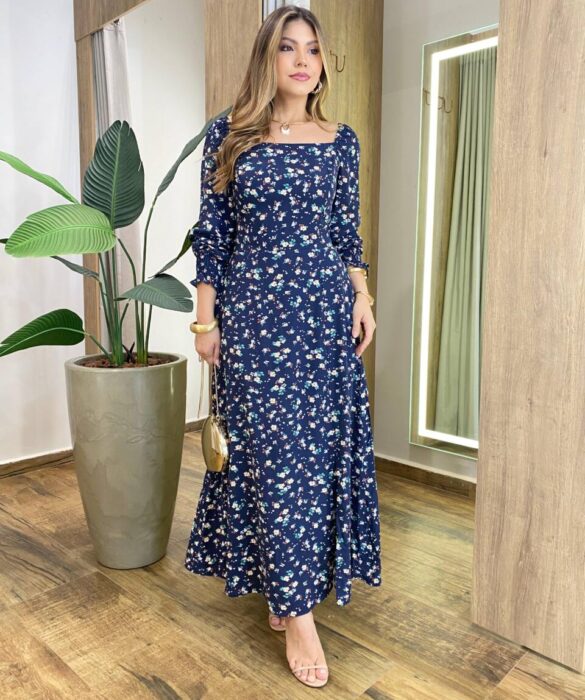 Vestido Manga Longo sem Bojo Floral Azul com Lastex no Punho - Fernanda Ramos Store