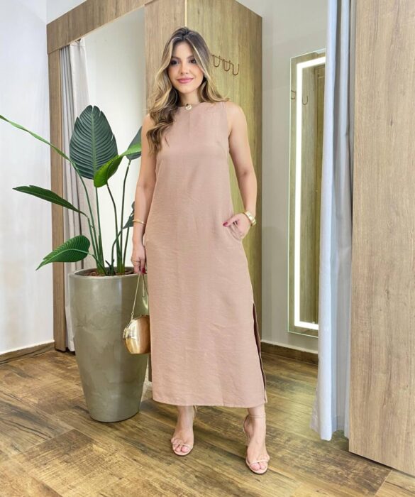 Vestido Midi Ana sem Bojo com Fenda Lateral e Bolsos Chocolate - Fernanda Ramos Store