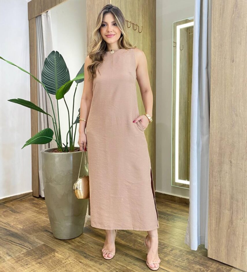 Vestido Midi Ana sem Bojo com Fenda Lateral e Bolsos Chocolate - Fernanda Ramos Store