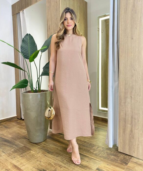 Vestido Midi Ana sem Bojo com Fenda Lateral e Bolsos Chocolate - Fernanda Ramos Store