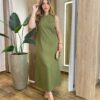Vestido Midi Ana sem Bojo com Fenda Lateral e Bolsos Verde Oliva - Fernanda Ramos Store