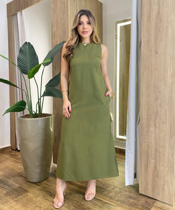 Vestido Midi Ana sem Bojo com Fenda Lateral e Bolsos Verde Oliva - Fernanda Ramos Store