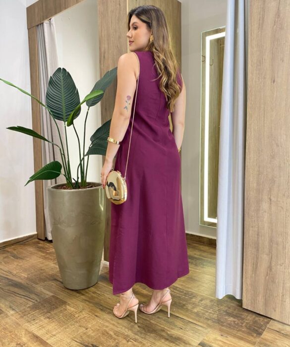 Vestido Midi Ana sem Bojo com Fenda Lateral e Bolsos Vinho - Fernanda Ramos Store