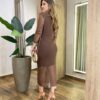 Vestido Midi Anaju Tule sem Bojo Manga Longa e Fenda Frontal Marrom - Fernanda Ramos Store