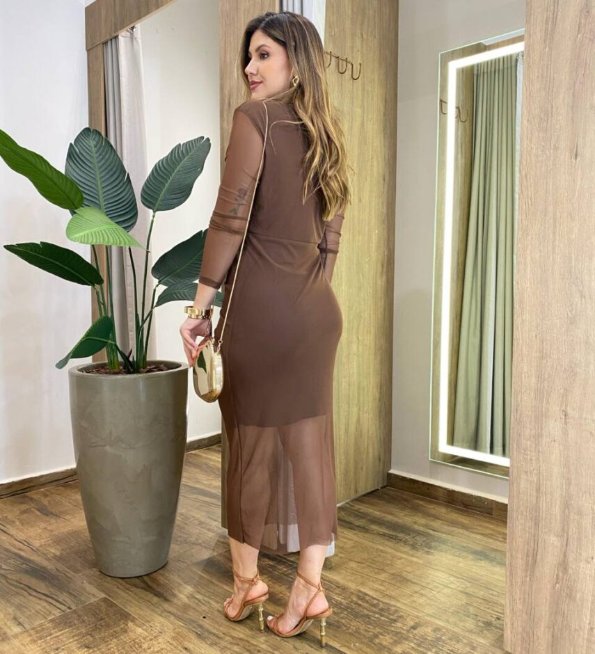 Vestido Midi Anaju Tule sem Bojo Manga Longa e Fenda Frontal Marrom - Fernanda Ramos Store