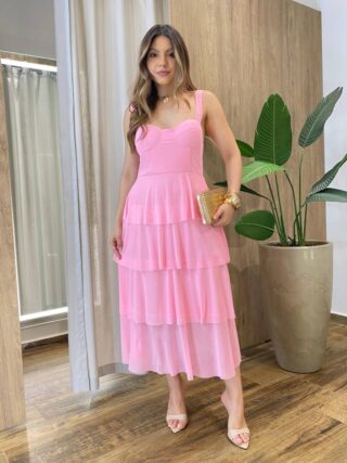 Vestido Midi com Bojo Gabrieli Tule Rosa Bebê - Fernanda Ramos Store