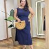 Vestido Midi Plus sem Bojo Alça Grossa com Cinto Azul Marinho - Fernanda Ramos Store