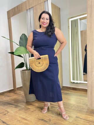 Vestido Midi Plus sem Bojo Alça Grossa com Cinto Azul Marinho - Fernanda Ramos Store