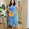 Vestido Midi Plus sem Bojo Jeans Fechamento em Botões e Alça - Fernanda Ramos Store