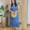 Vestido Midi Plus sem Bojo Liocel Jeans Lastex e Botões - Fernanda Ramos Store