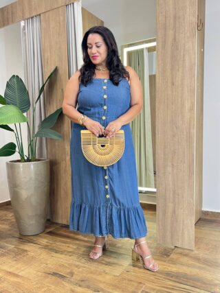 Vestido Midi Plus sem Bojo Liocel Jeans Lastex e Botões - Fernanda Ramos Store
