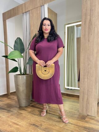 Vestido Midi Plus sem Bojo Malha Manga Curta Marsala - Fernanda Ramos Store