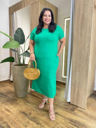 Vestido Midi Plus sem Bojo Malha Manga Curta Verde Bandeira - Fernanda Ramos Store