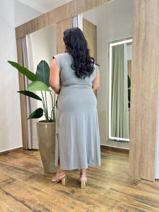 Vestido Midi Plus sem Bojo Malha Manga Muscle Cinza - Fernanda Ramos Store